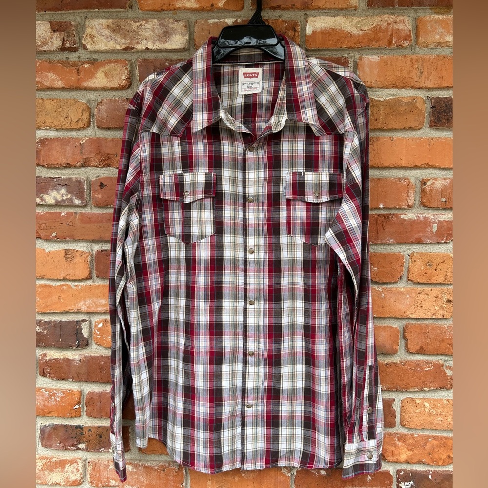 Levi's Red Gray Plaid Casual Shirt Pearl Snap XXL Women’s Western Collar L/S